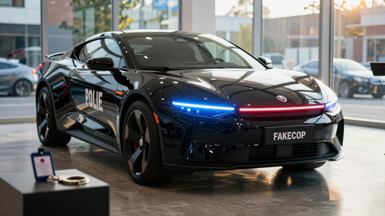 Sleek black police car with futuristic lights and "FAKECOP" licence plate displayed indoors.