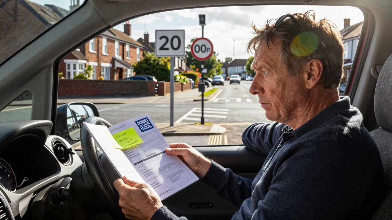 Man seated in car reading a Home Owner Code document with a 20mph speed limit sign visible outside.