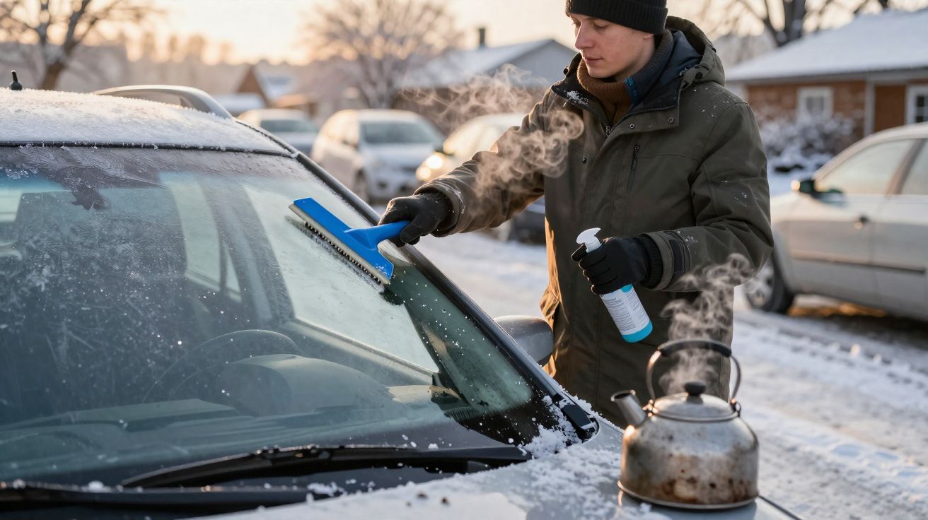 Person scraping ice off a frosty car windshield with a heated kettle releasing steam nearby on a snowy street.