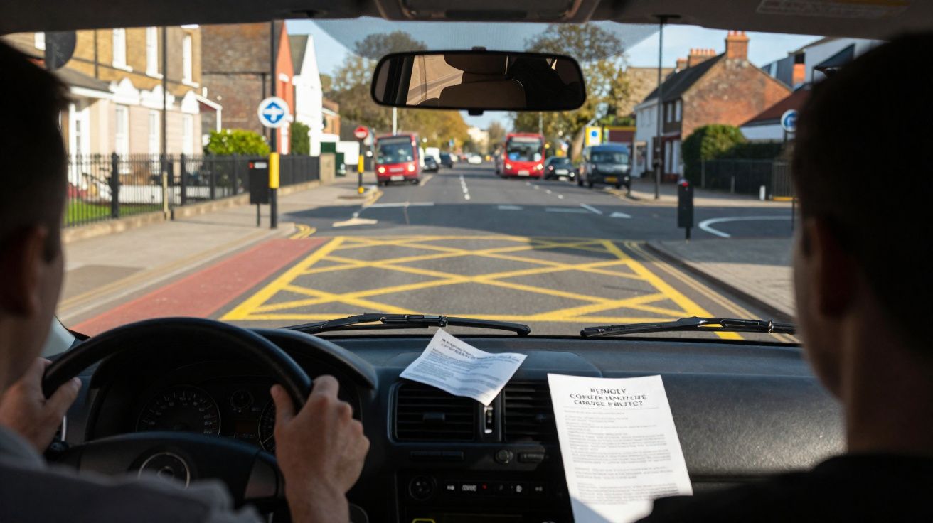 View from inside a car driving on a street with yellow box junction and two red buses ahead.