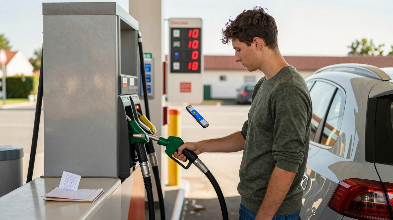 Man holding a petrol pump nozzle at a fuel station, using a smartphone near a silver car.