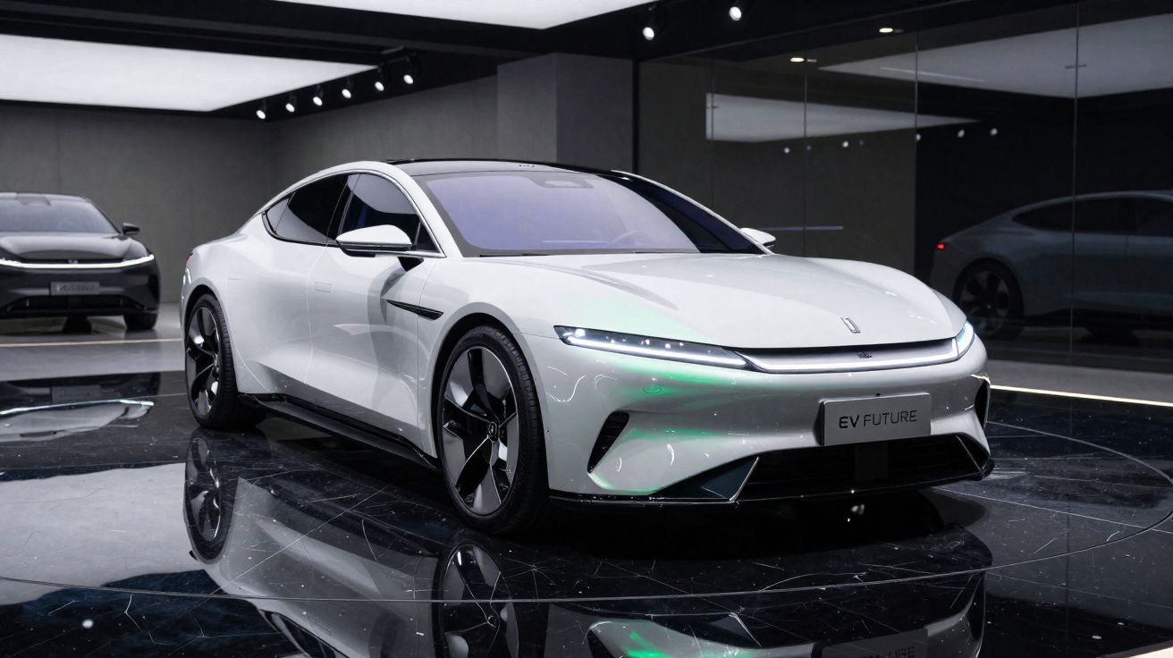 White electric sports car on glossy black floor in modern showroom with mirrored walls and ceiling lights.