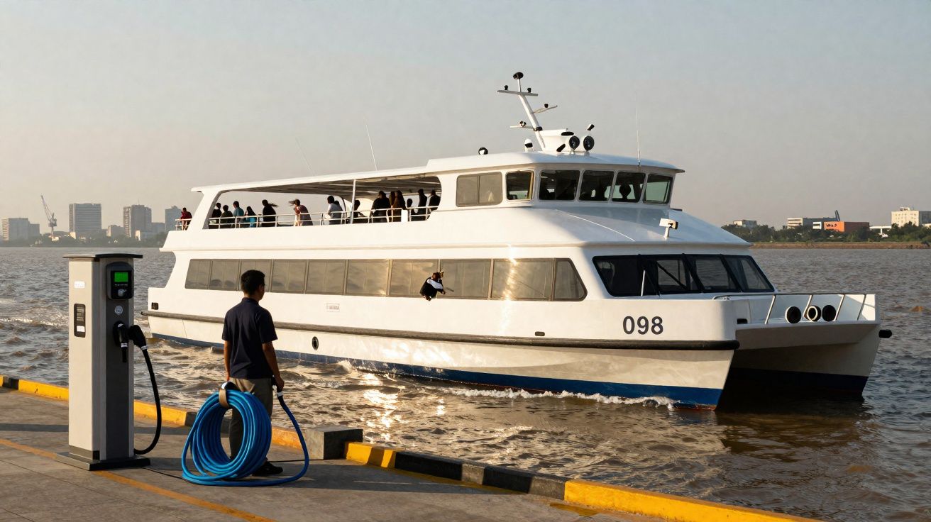 White passenger ferry numbered 098 docked at riverside with person holding a blue hose on the quay.