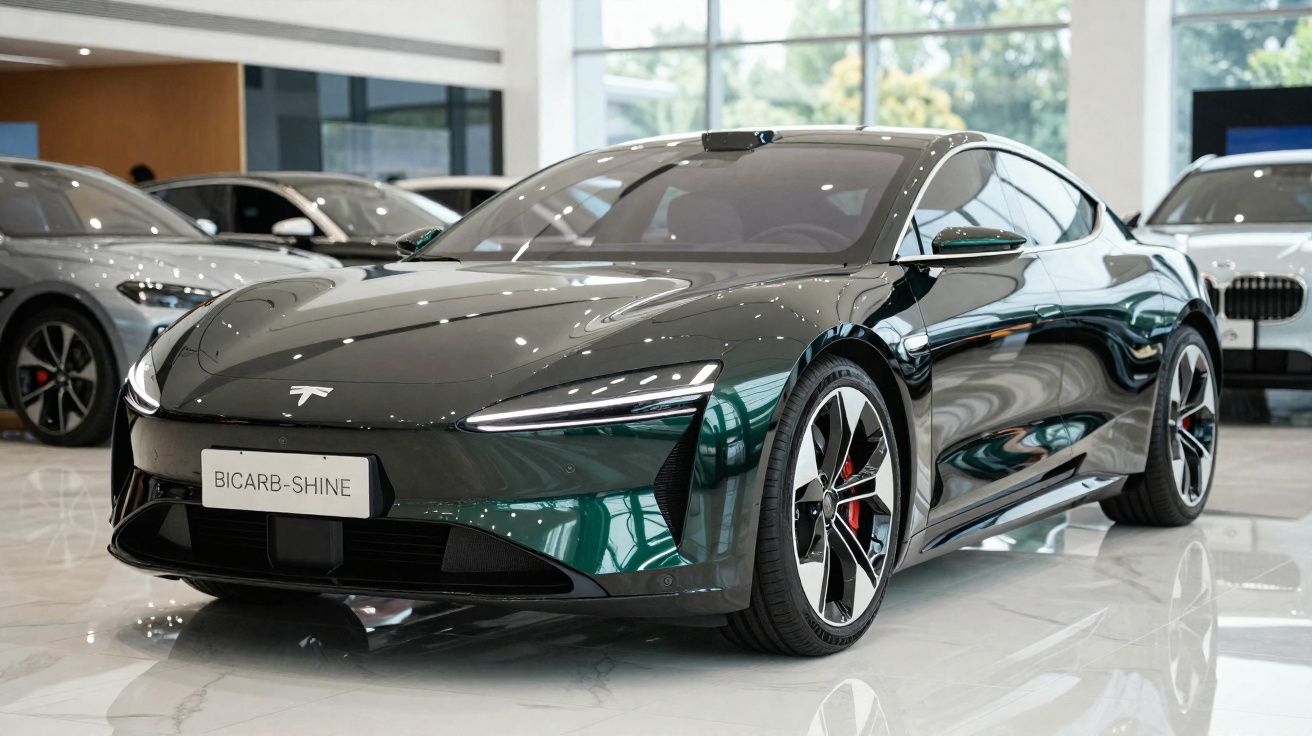 Sleek dark green Tesla electric sports car displayed in a bright showroom with reflective floors.