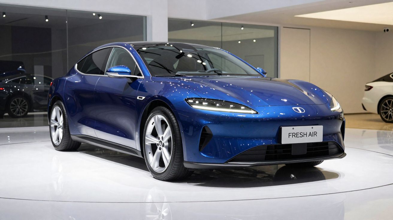 Blue electric sports car with sleek design on display in a showroom under bright lights