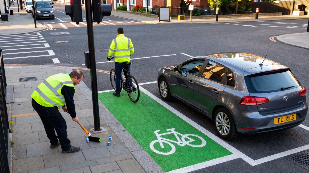 Two men in high-visibility jackets, one painting a bike lane and the other on a bicycle at a crossroads.