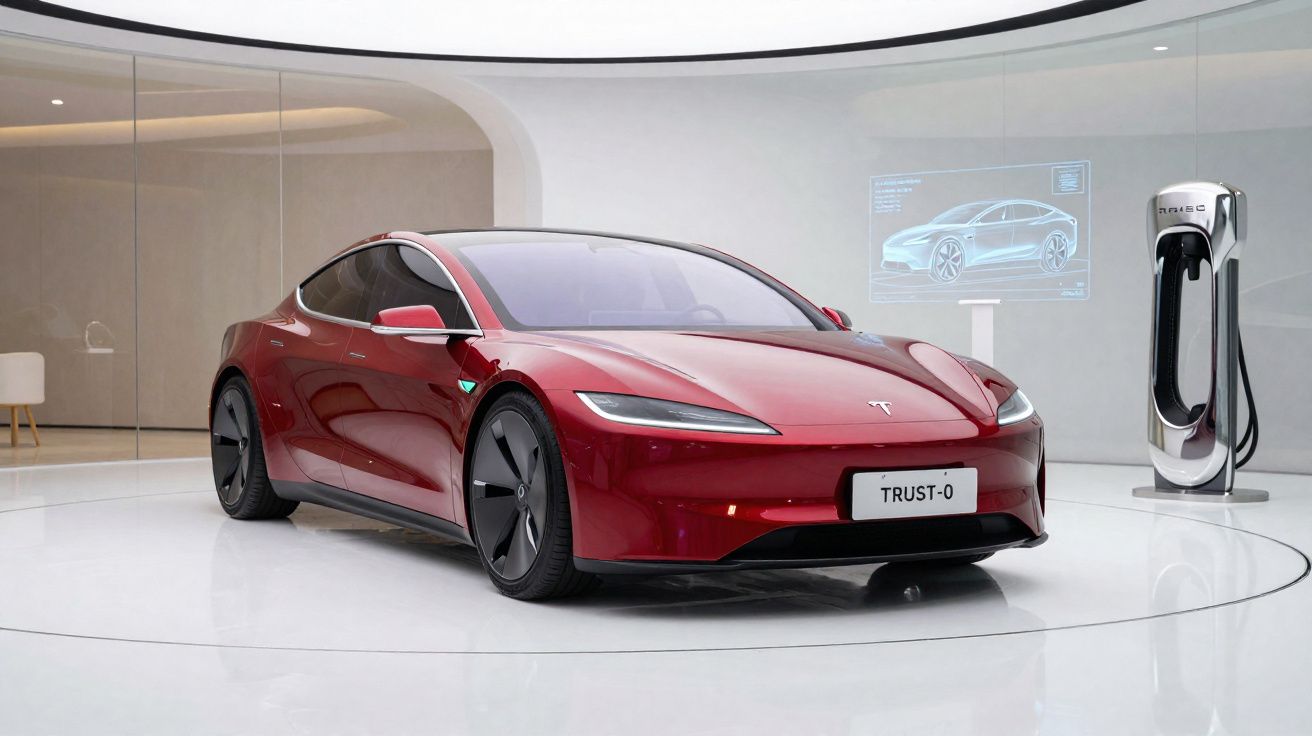 Red Tesla electric car on display in a modern showroom with a charging station nearby.