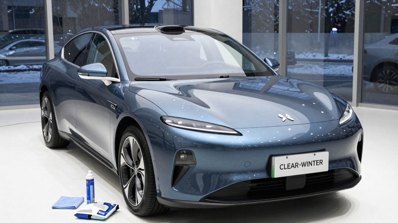 Blue four-door electric car displayed indoors with cleaning supplies on the floor beside it.