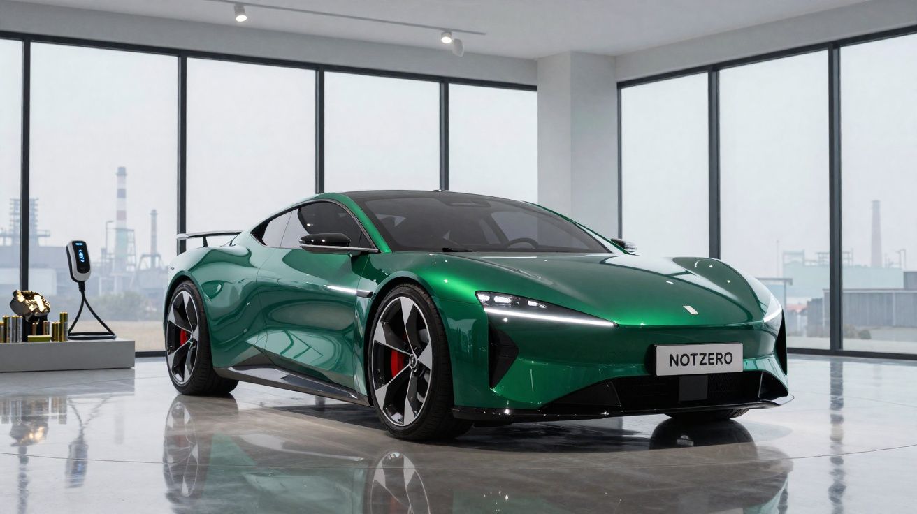 Green electric sports car with sleek design displayed in a modern showroom with large windows.