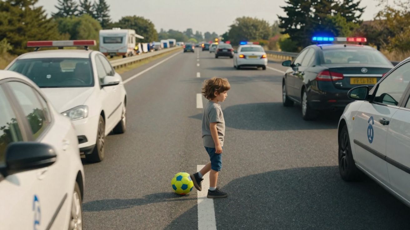 Child standing on a busy highway surrounded by several police cars with flashing lights during daytime.
