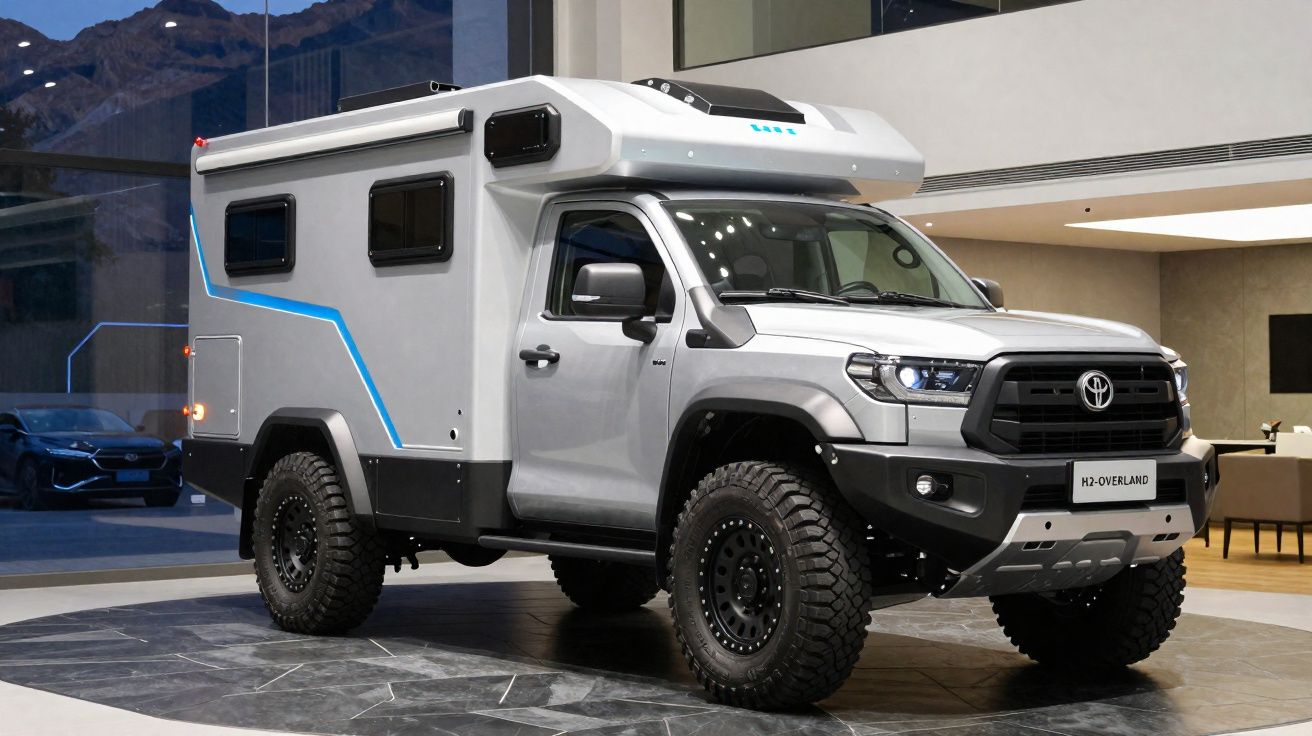 Grey off-road camper van with large tyres parked indoors on a circular platform near a modern lounge area.