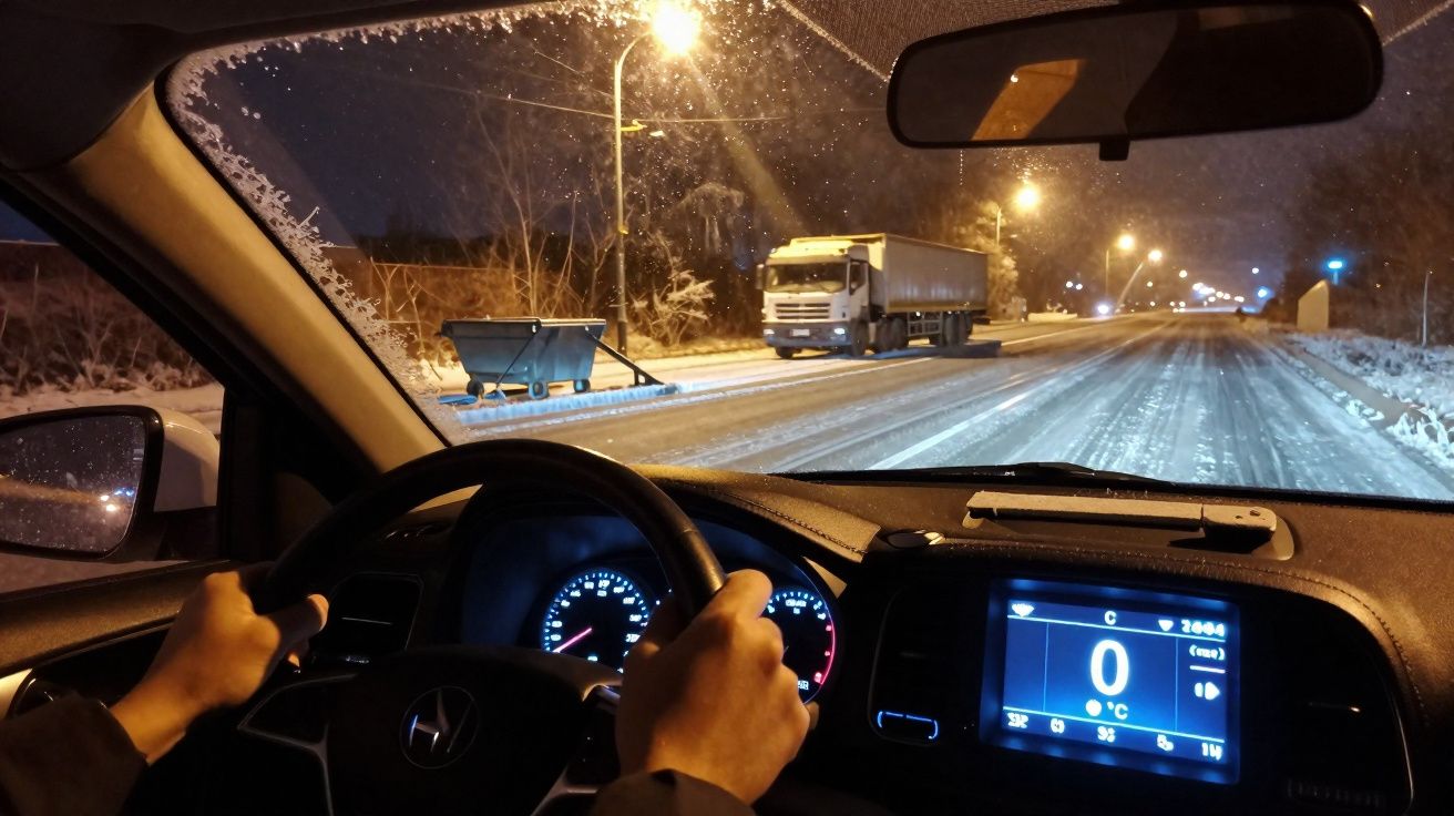 Driver steering a car on a snowy road at night with a truck and streetlights ahead.
