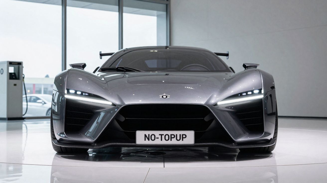 Front view of a sleek, silver sports car with LED headlights and 'NO-TOPUP' licence plate in a showroom.