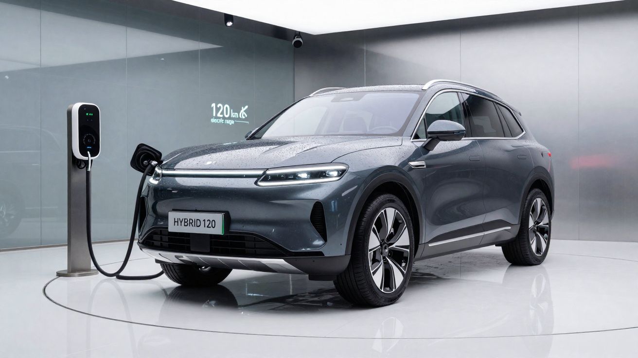 Grey hybrid electric SUV charging at a charging station in a modern, minimalistic indoor setting