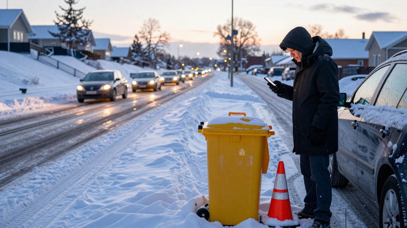 Person in winter coat using phone next to yellow bin and traffic cone on snowy roadside at dusk.