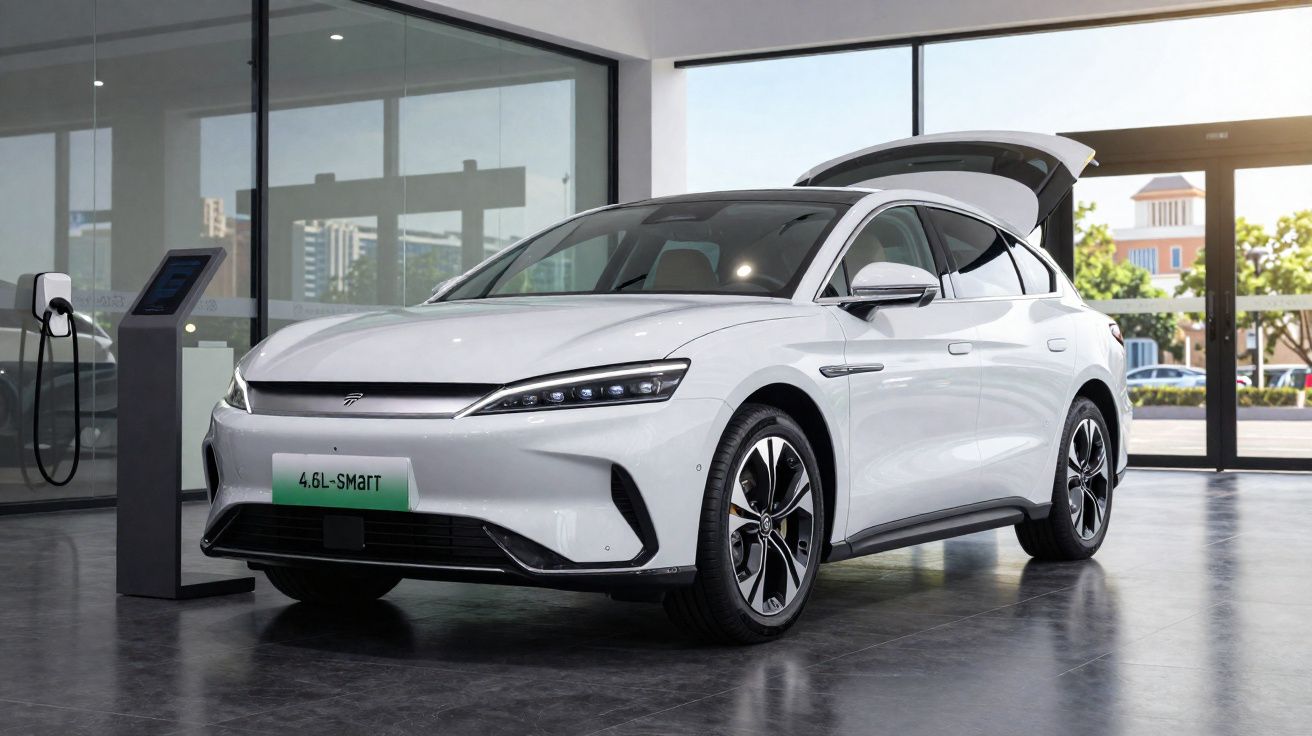 White electric car with open trunk charging inside modern showroom with large windows.