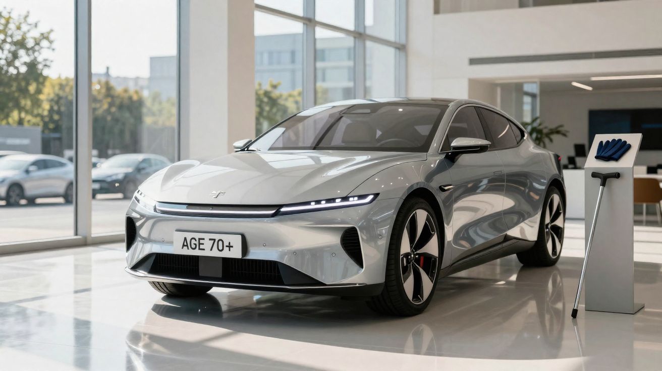 Silver electric car with futuristic design displayed indoors, licence plate reading AGE 70+ alongside a glove and cane stand.