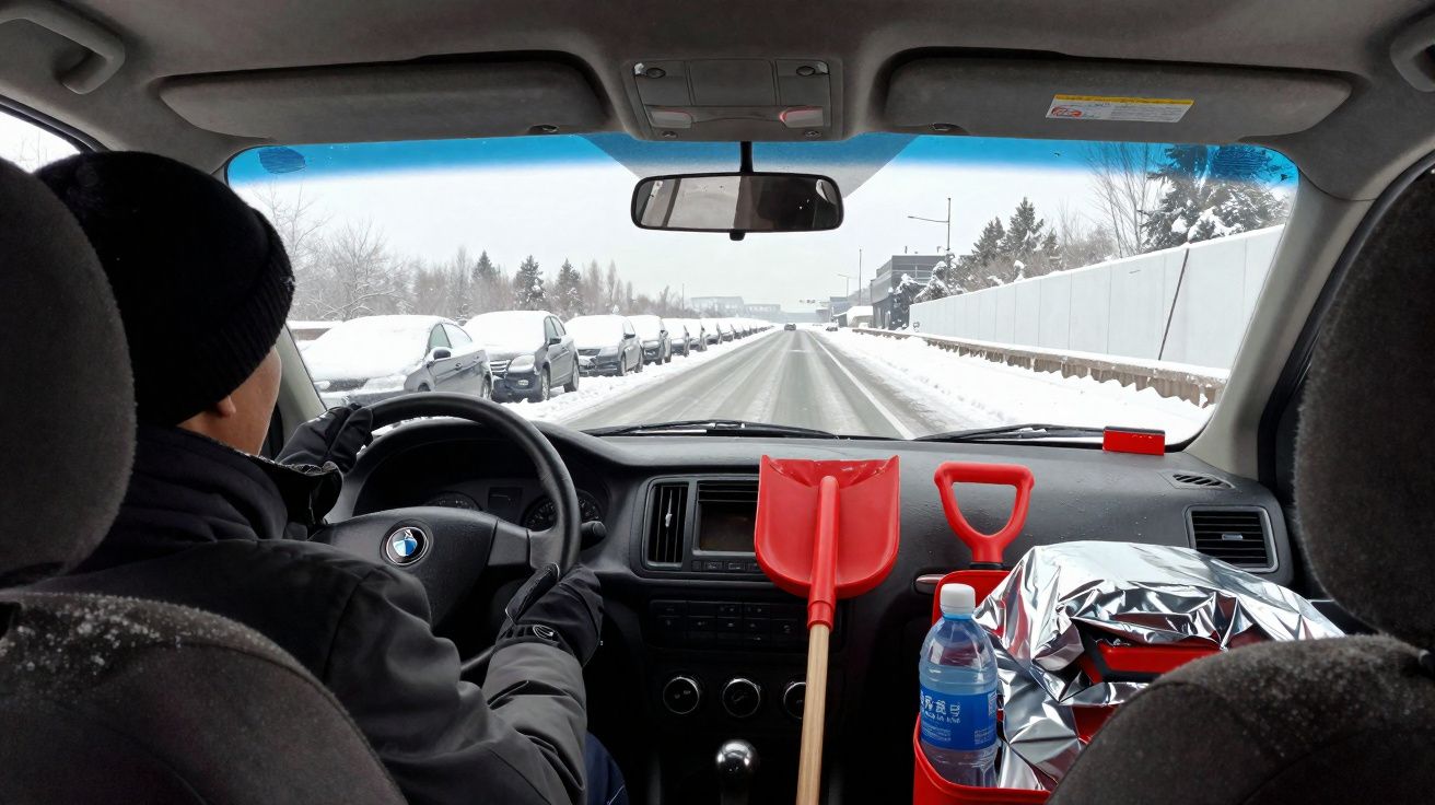 Driver inside a car on a snowy road with a red snow shovel and water bottle on the dashboard.