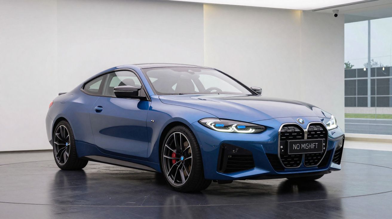 Blue BMW coupe with distinctive large front grille and sporty alloy wheels in a showroom.