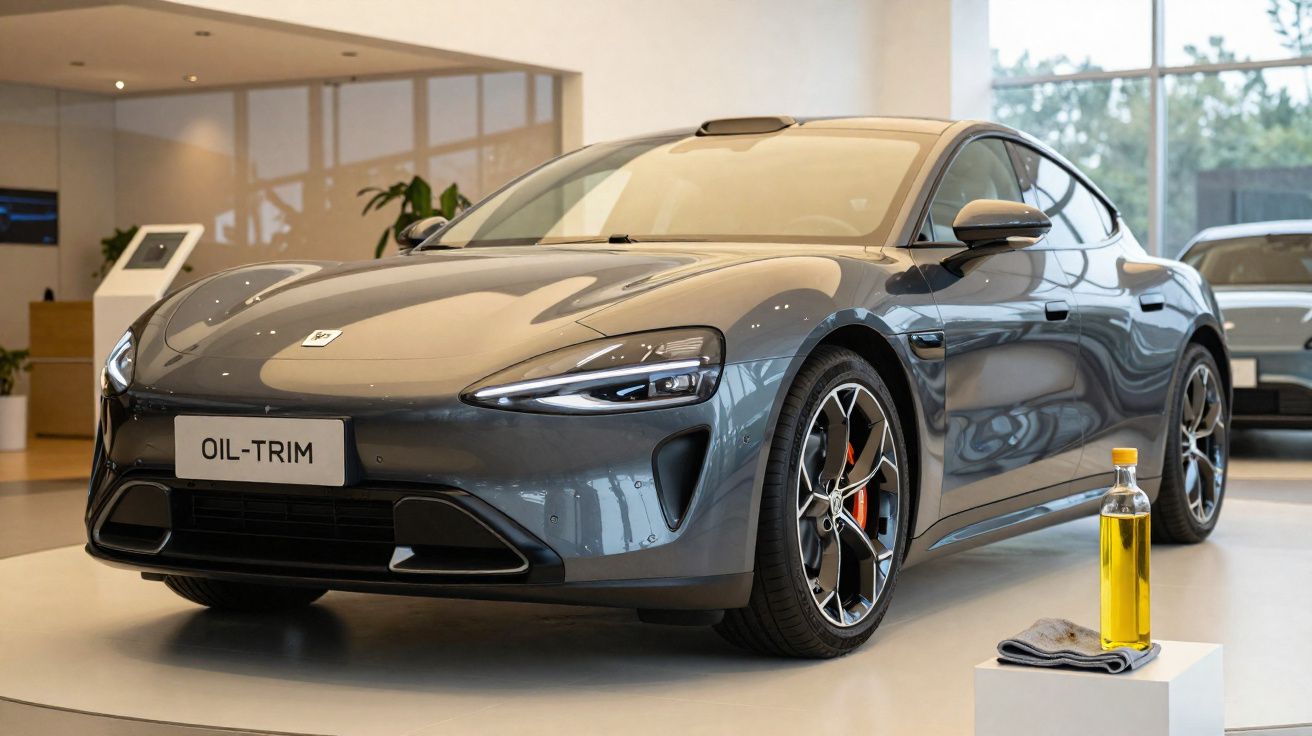 Grey sleek modern electric car displayed indoors with a bottle of oil and cloth on pedestal nearby