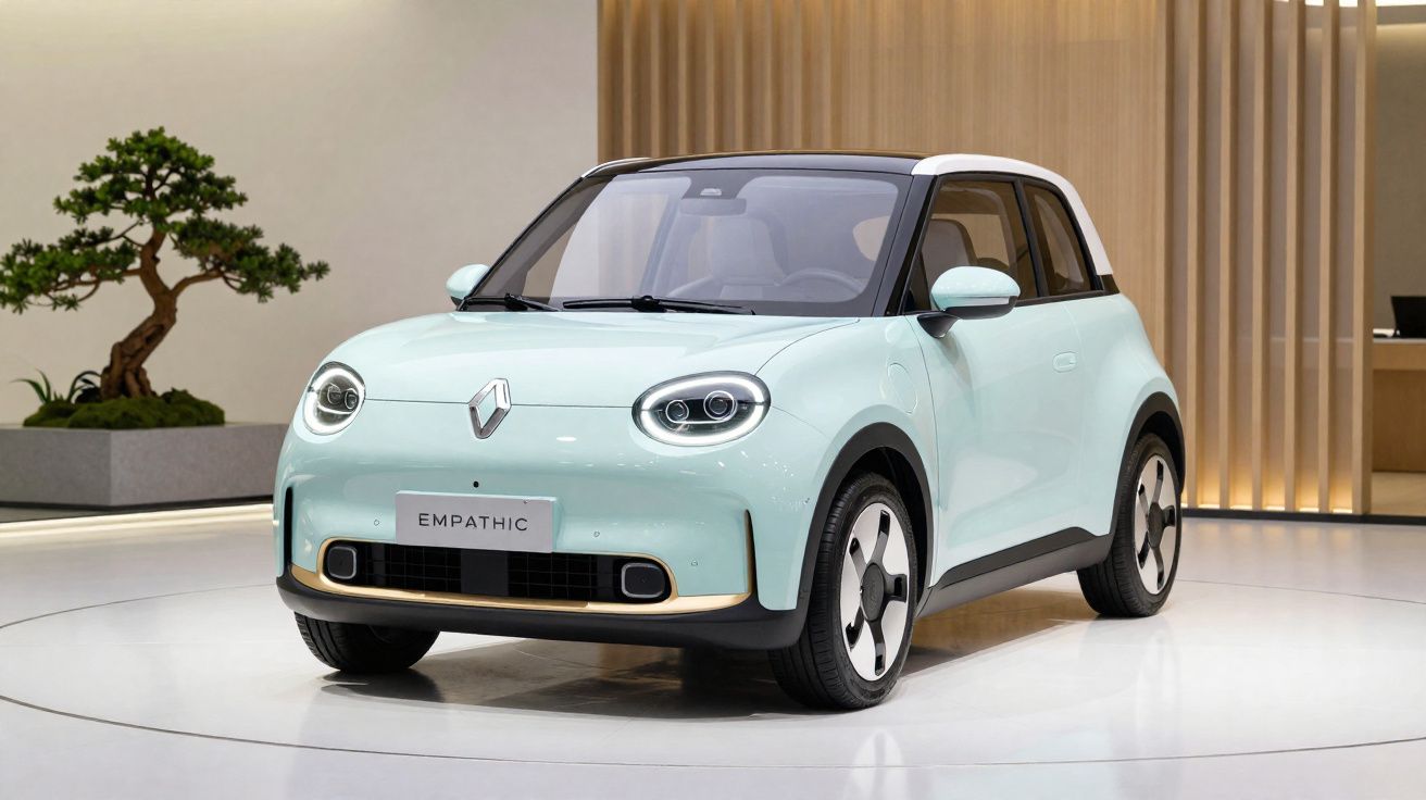 Light blue Renault electric hatchback "Empathic" displayed indoors on a circular platform.