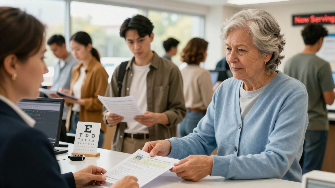 Elderly woman handing over paperwork at a service counter with other people waiting in line behind her.