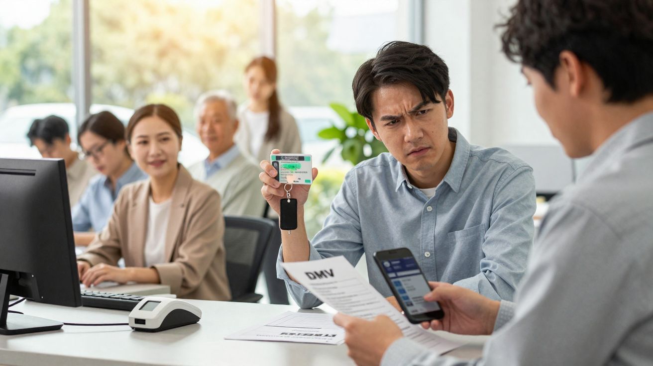 Man showing driver’s licence and car key while speaking to employee holding phone at DMV office.