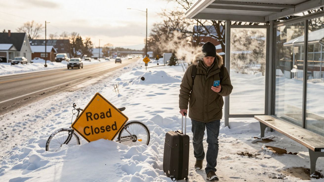 Man in winter coat pulling suitcase and using phone at snowy bus stop near road closed sign and bicycle.
