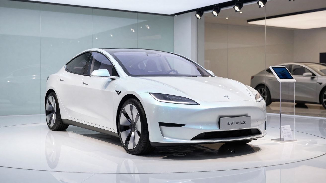 White Tesla Model S electric car showcased in a modern showroom on a round white platform.