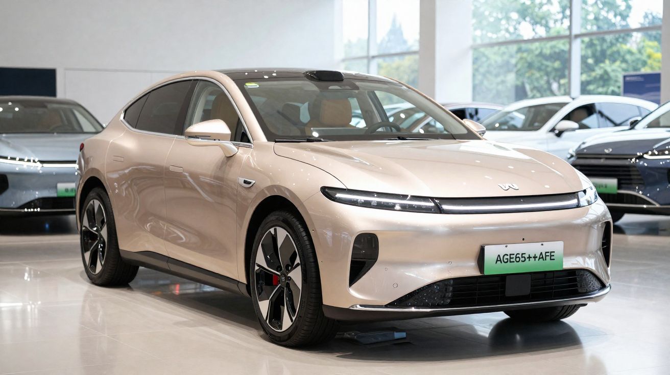 Champagne-coloured electric sedan displayed indoors with sleek, modern design and black trim details.