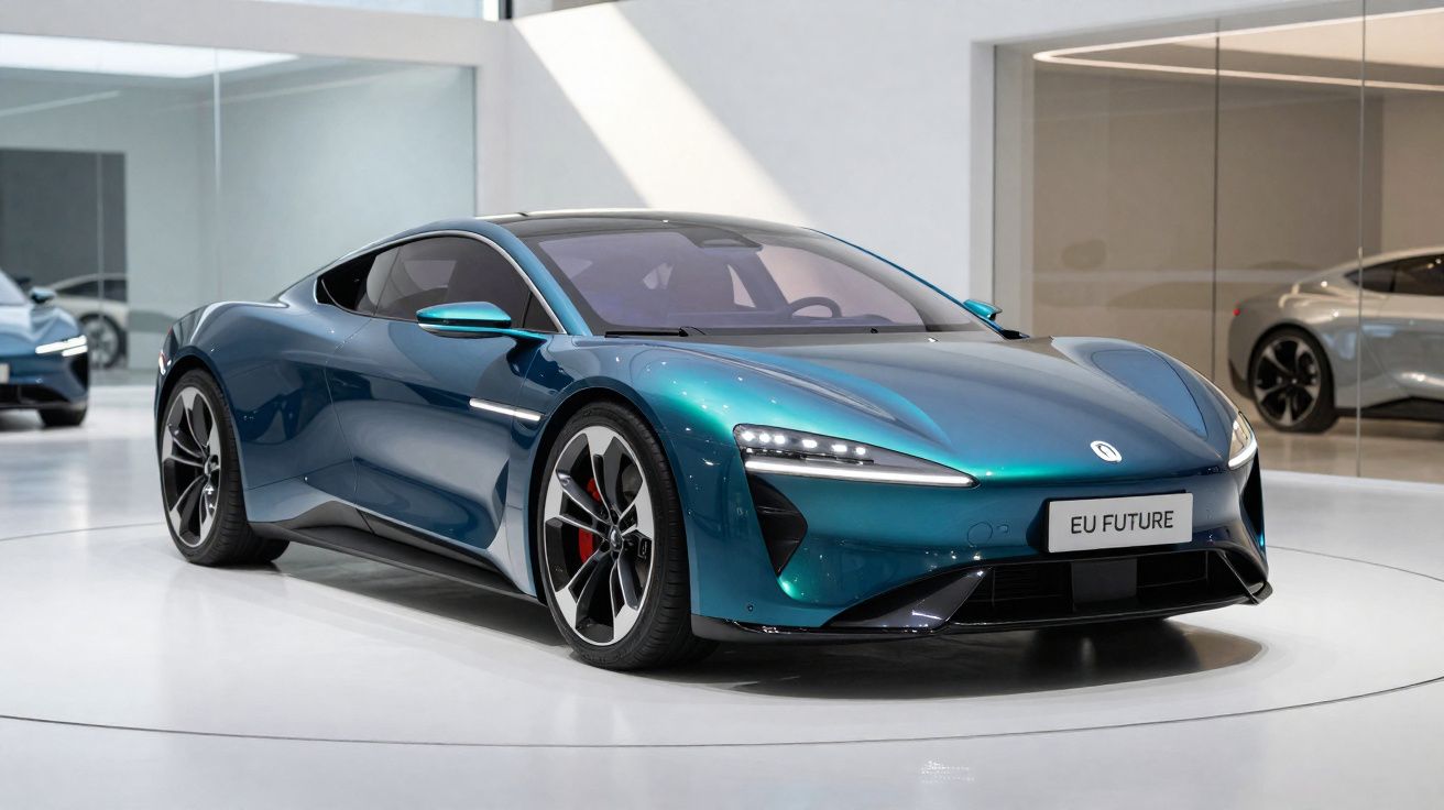 Sleek teal electric sports car with futuristic LED headlights displayed in a modern showroom.