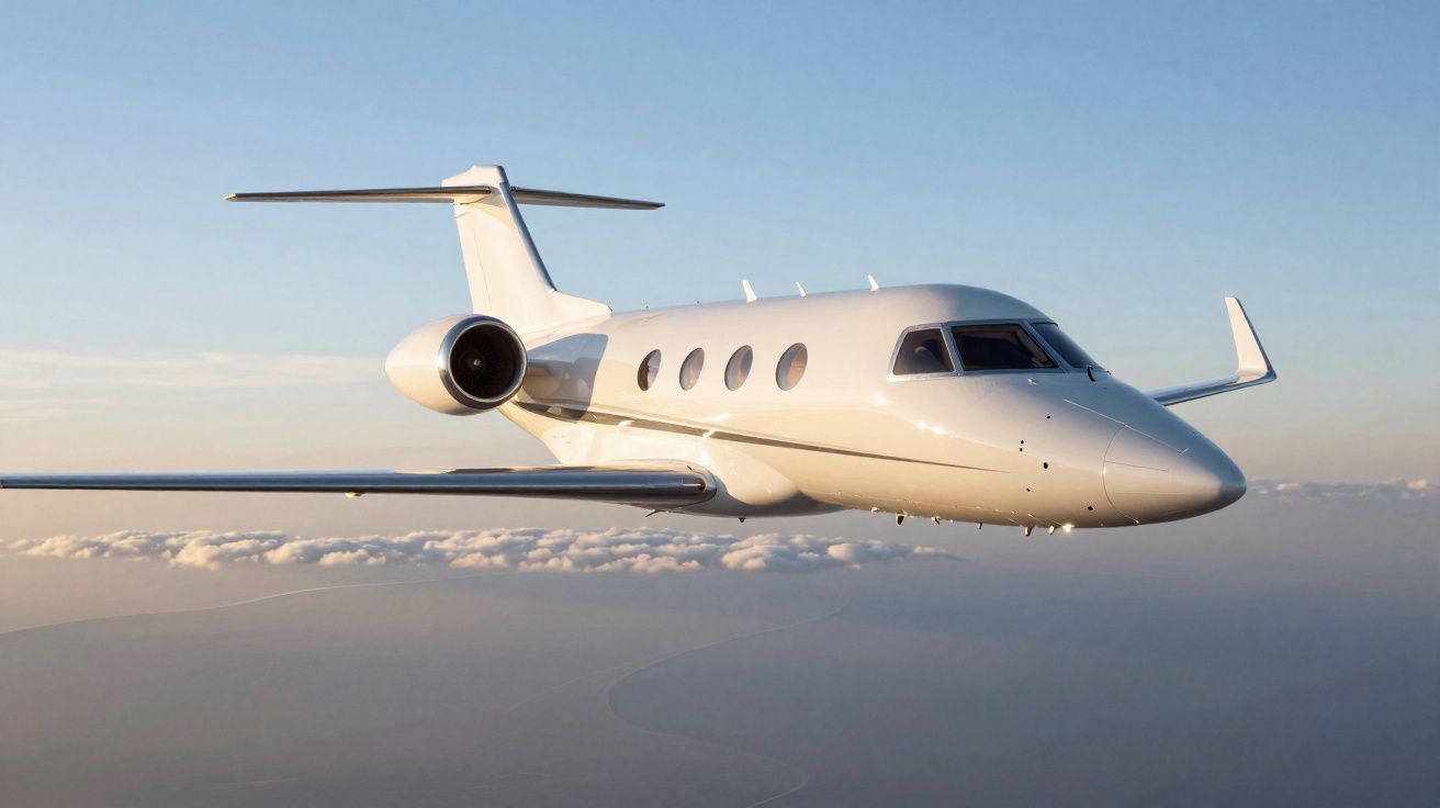 Private jet flying above clouds during sunset with clear skies in the background.