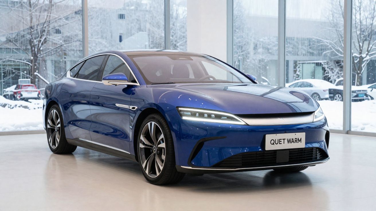 Blue electric sedan displayed indoors with modern design and snowy landscape visible through large windows.