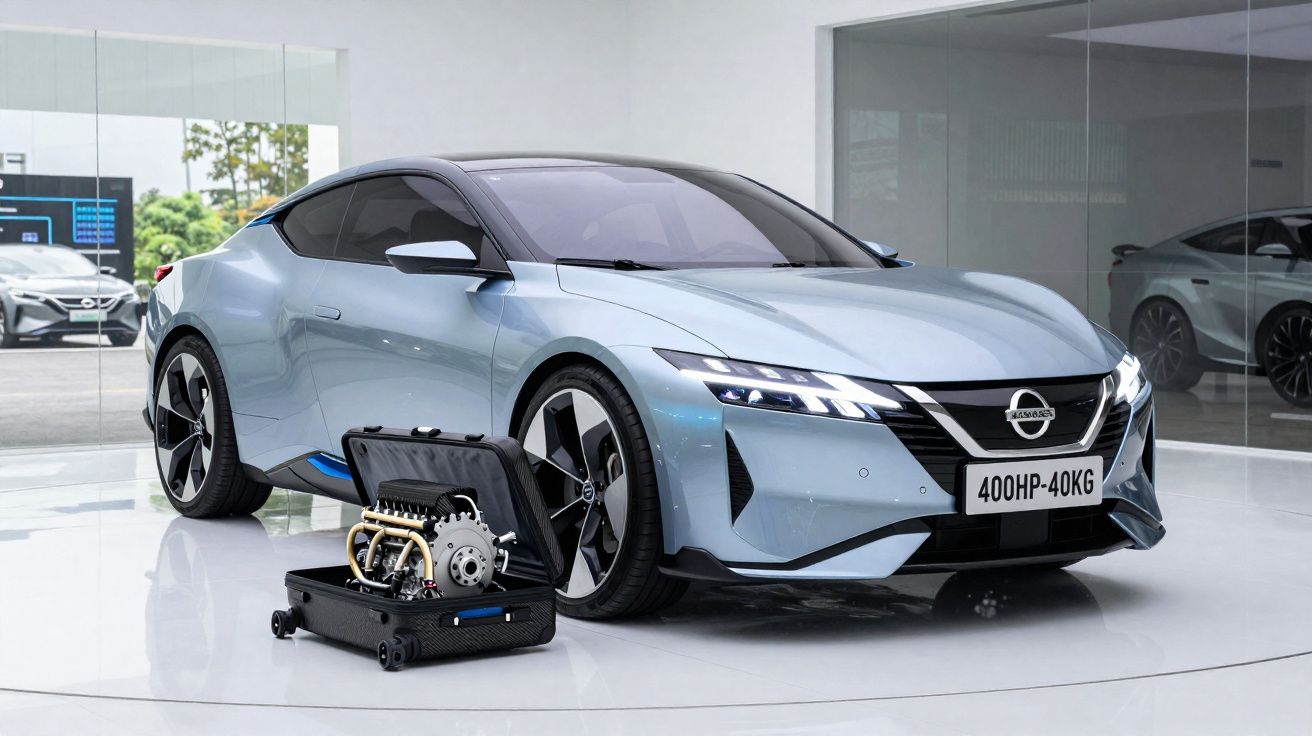 Sleek silver Nissan electric car displayed indoors with an open suitcase showing a futuristic motor component.