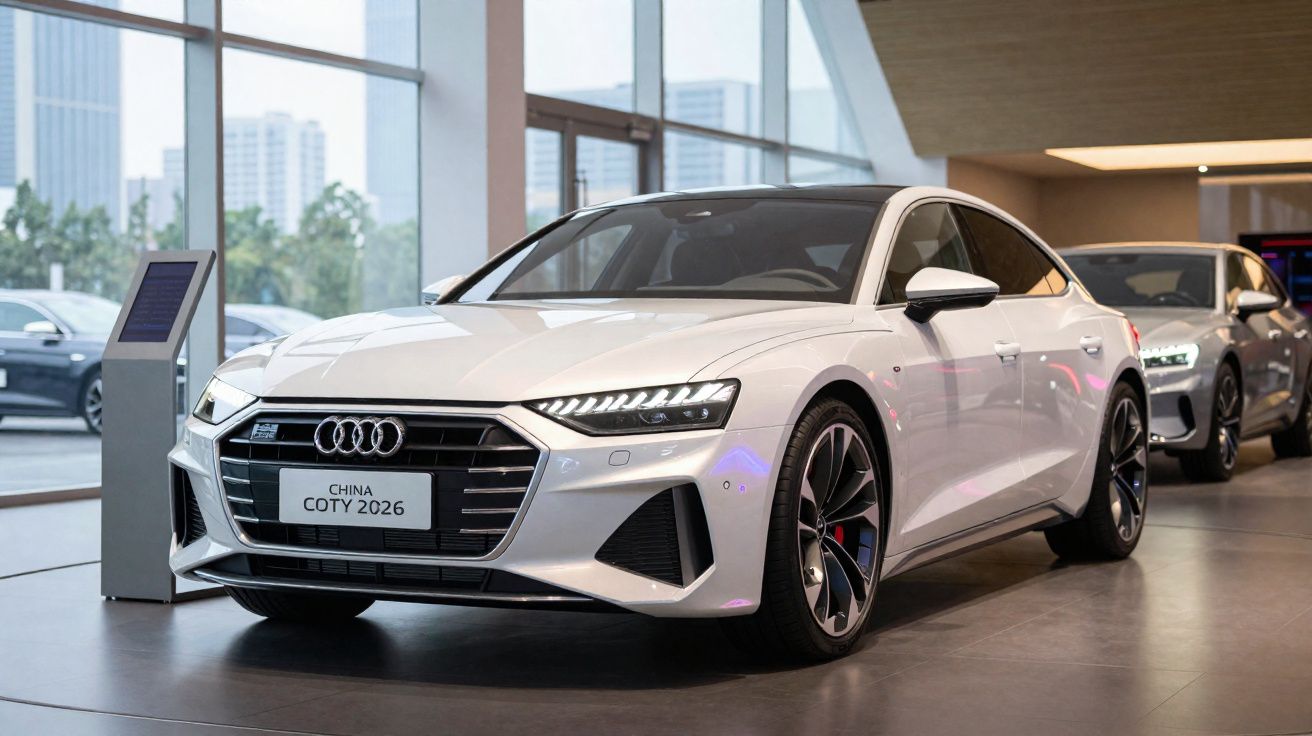 White Audi sedan with modern LED headlights displayed indoors with a China COTY 2026 license plate.