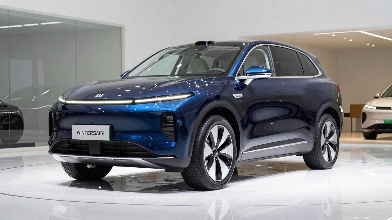 Sleek blue electric SUV displayed on a white platform in a modern showroom with reflective floors.
