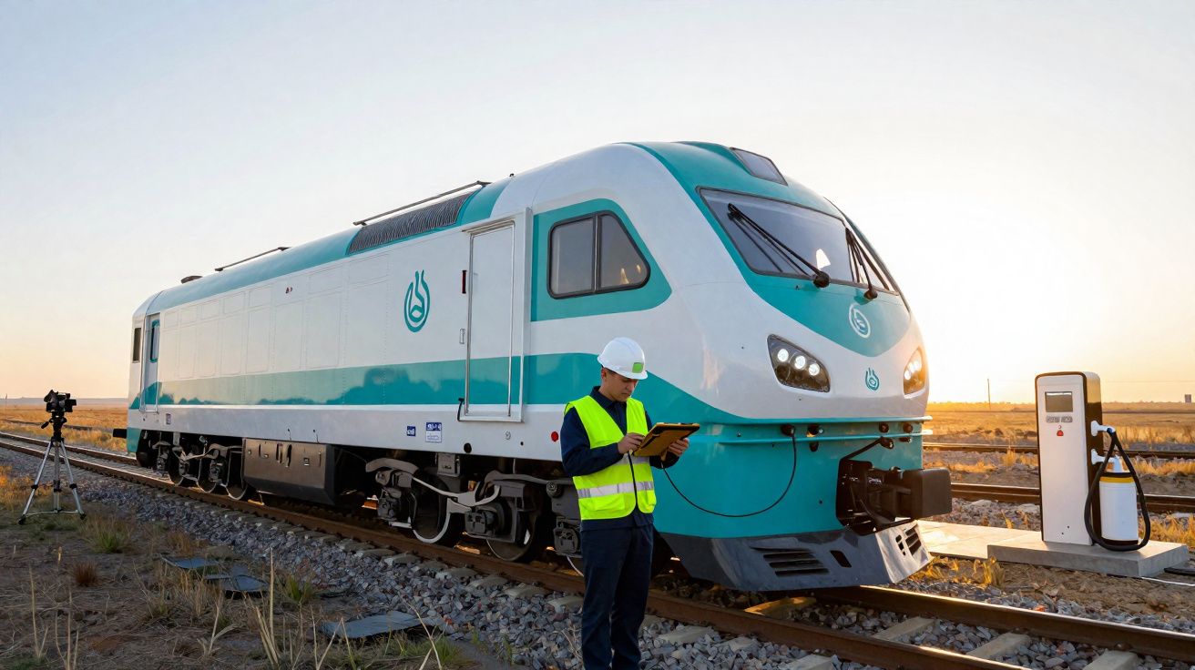 Engineer in safety gear checks data on a tablet beside a modern blue and white train at a charging station.