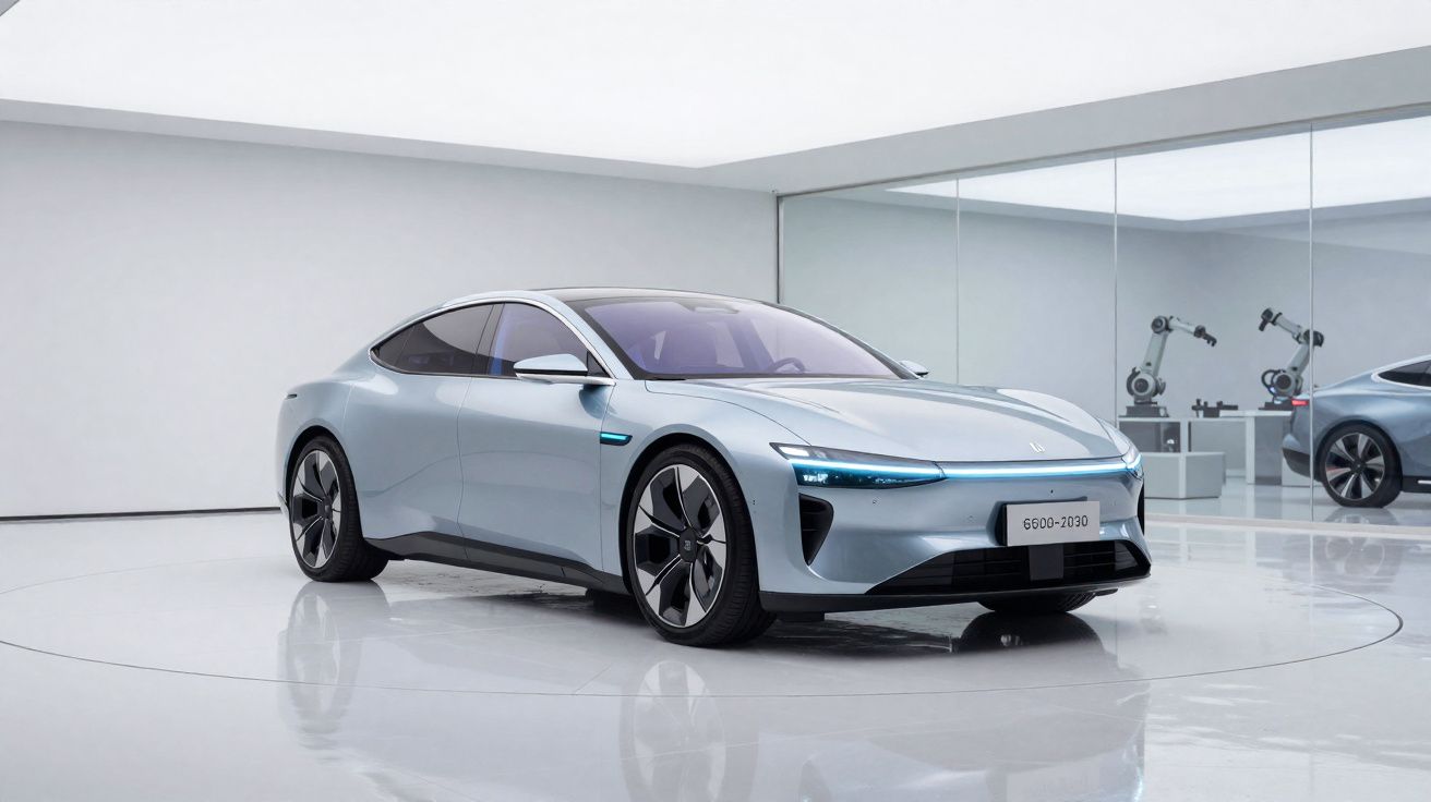 Sleek silver electric sedan with futuristic design displayed in a minimalist showroom with glass walls and robotic arms.