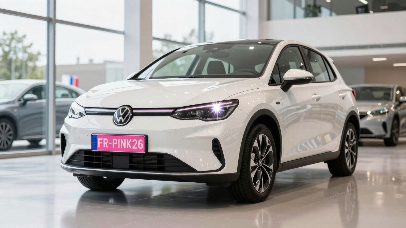 White Volkswagen electric hatchback car with lights on displayed in a bright showroom interior.