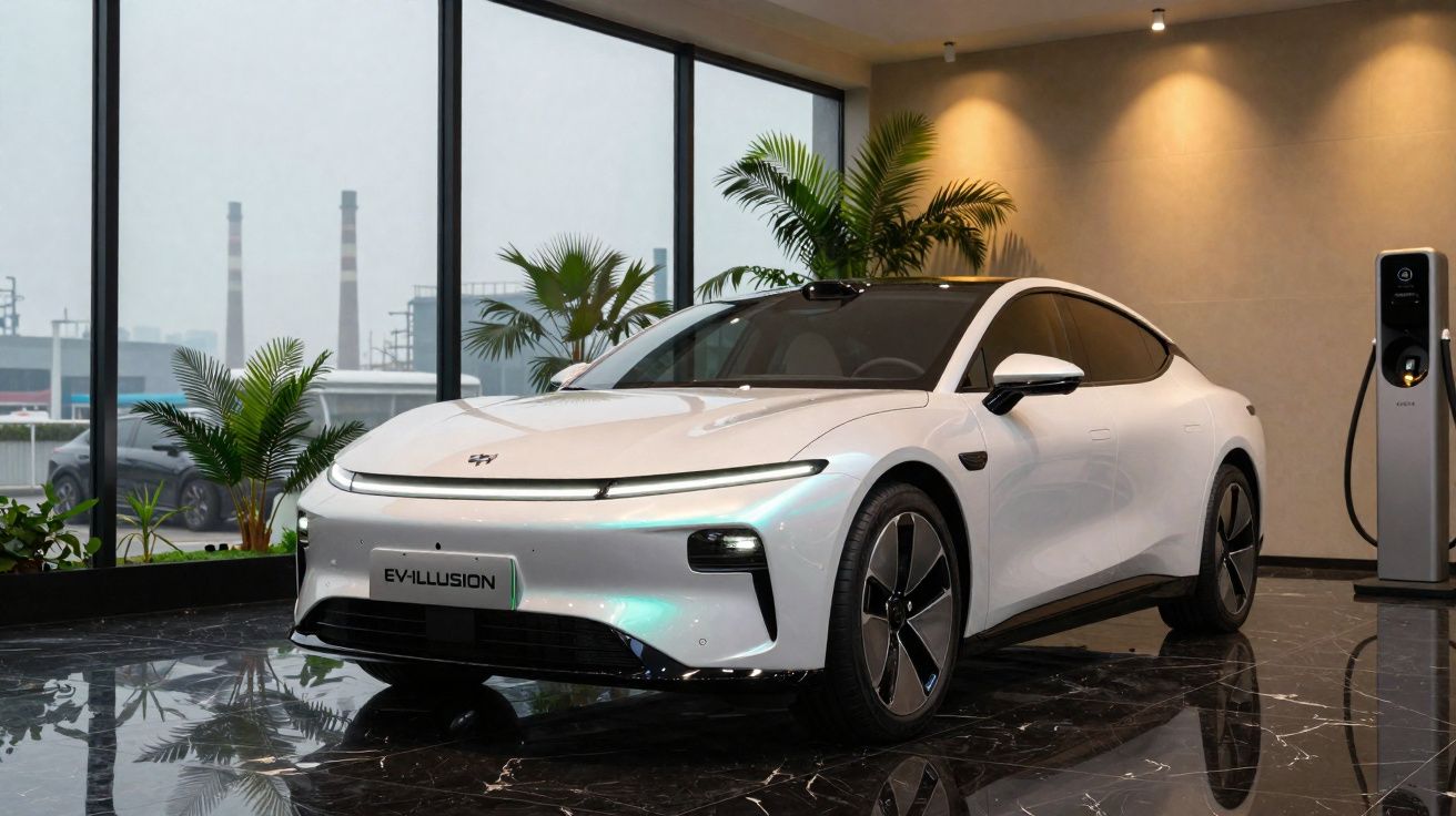 White electric sports sedan displayed indoors near a charging station with large glass windows and plants.