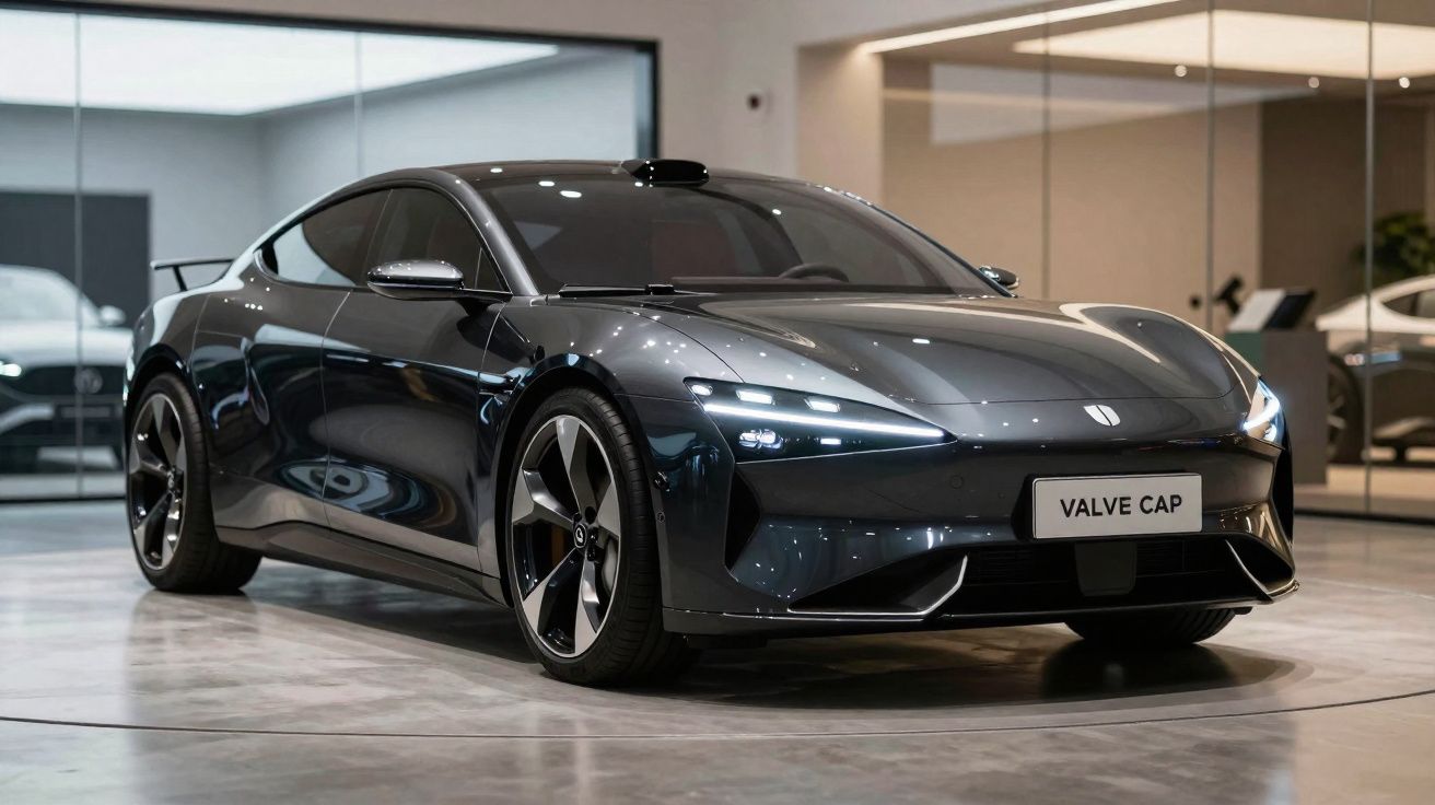 Sleek black electric sports car with aerodynamic design and LED headlights displayed indoors.