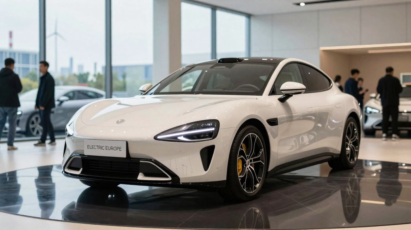 White electric sports car displayed indoors with people and other vehicles in the background