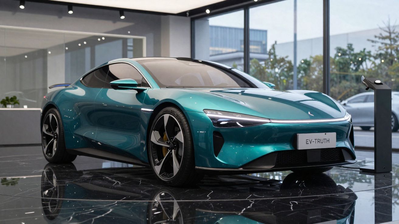 Sleek turquoise electric sports car displayed indoors on shiny black marble floor with large glass windows behind.