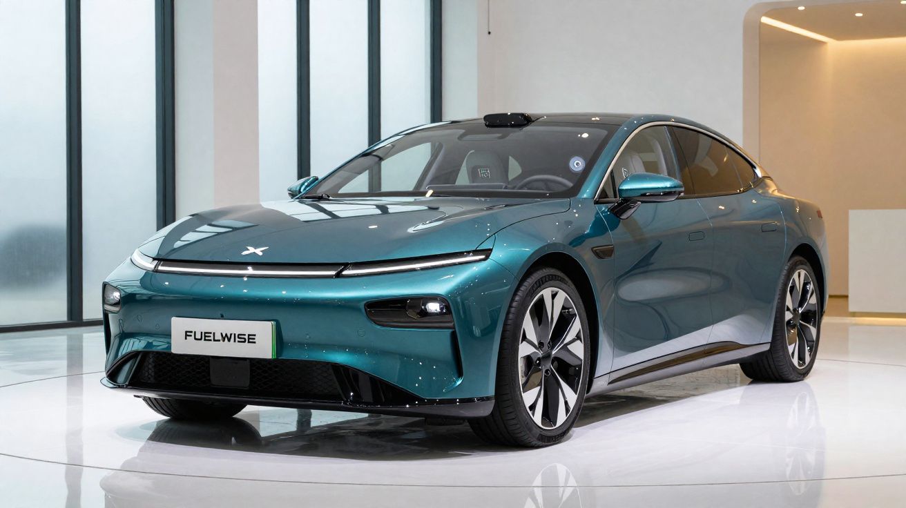 Sleek teal electric car with modern design and black roof displayed in bright showroom on white floor.