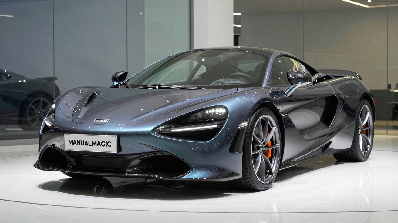 Metallic grey McLaren sports car on display in a showroom with polished floor and glass panels.