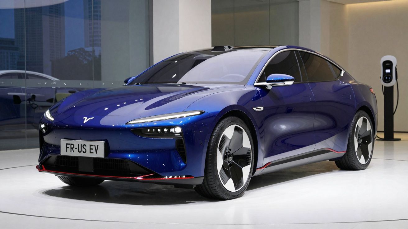Blue electric sedan parked indoors next to a charging station with modern, aerodynamic design.