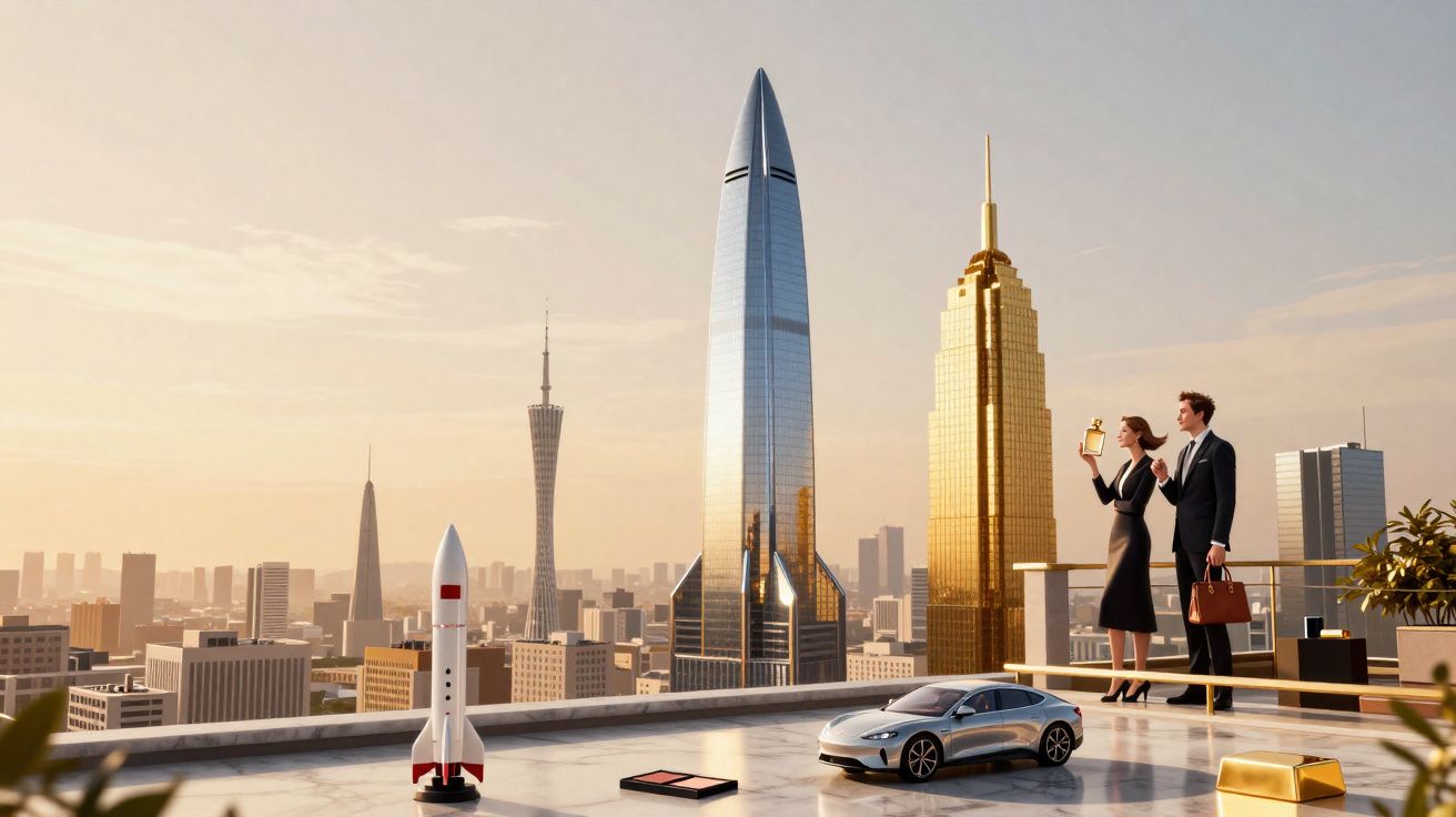 Businesspeople celebrating on rooftop with model rocket, car, and skyscrapers at sunset in cityscape background.