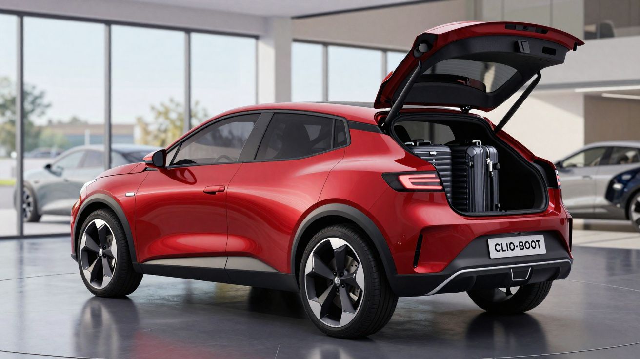 Red compact SUV with rear hatch open showing two suitcases inside, displayed in a modern showroom.
