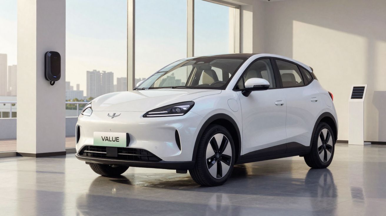 White electric compact SUV parked indoors next to a wall-mounted charging station with cityscape background.