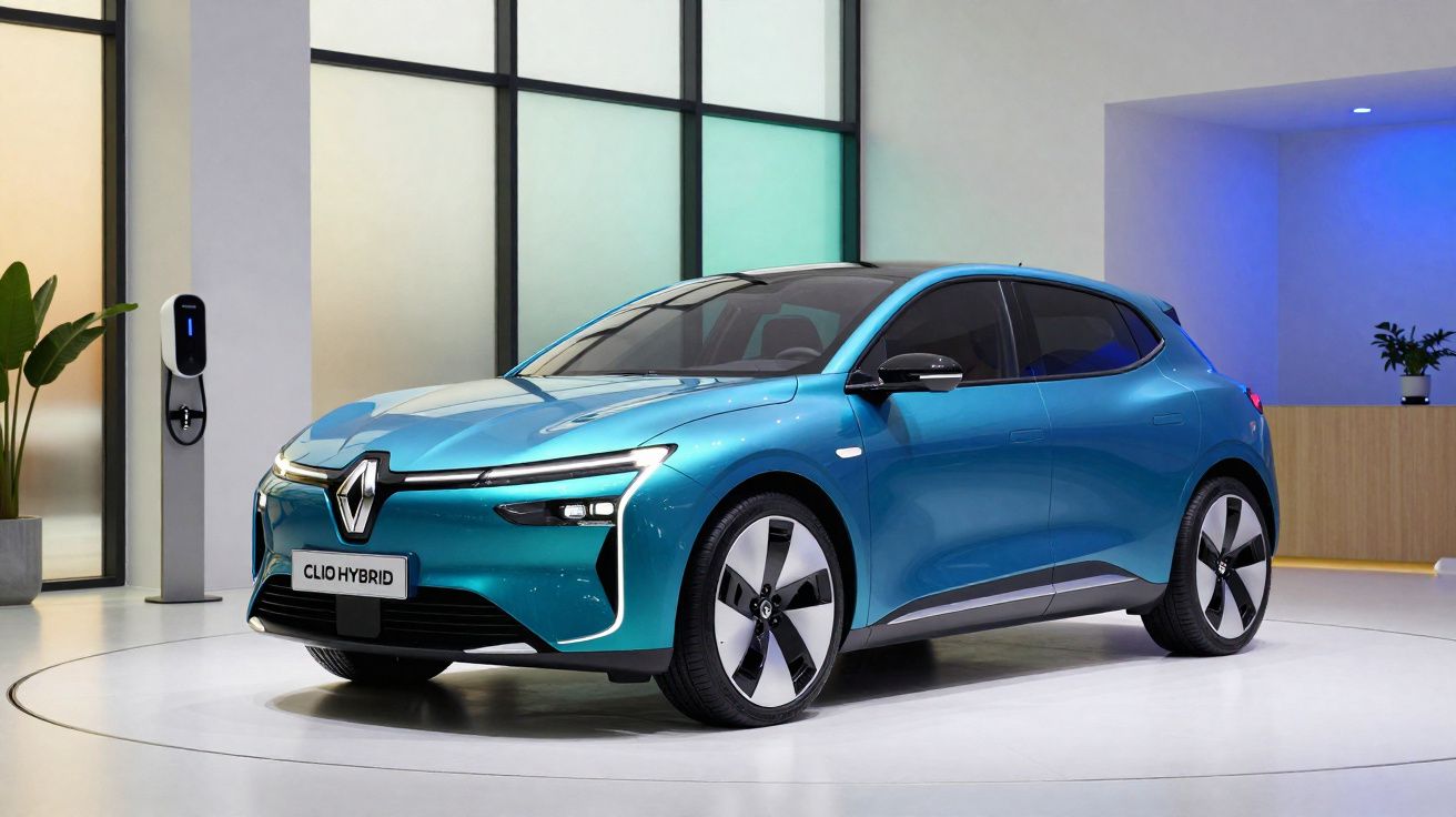 Blue Renault Clio Hybrid hatchback displayed indoors beside an electric vehicle charging station.
